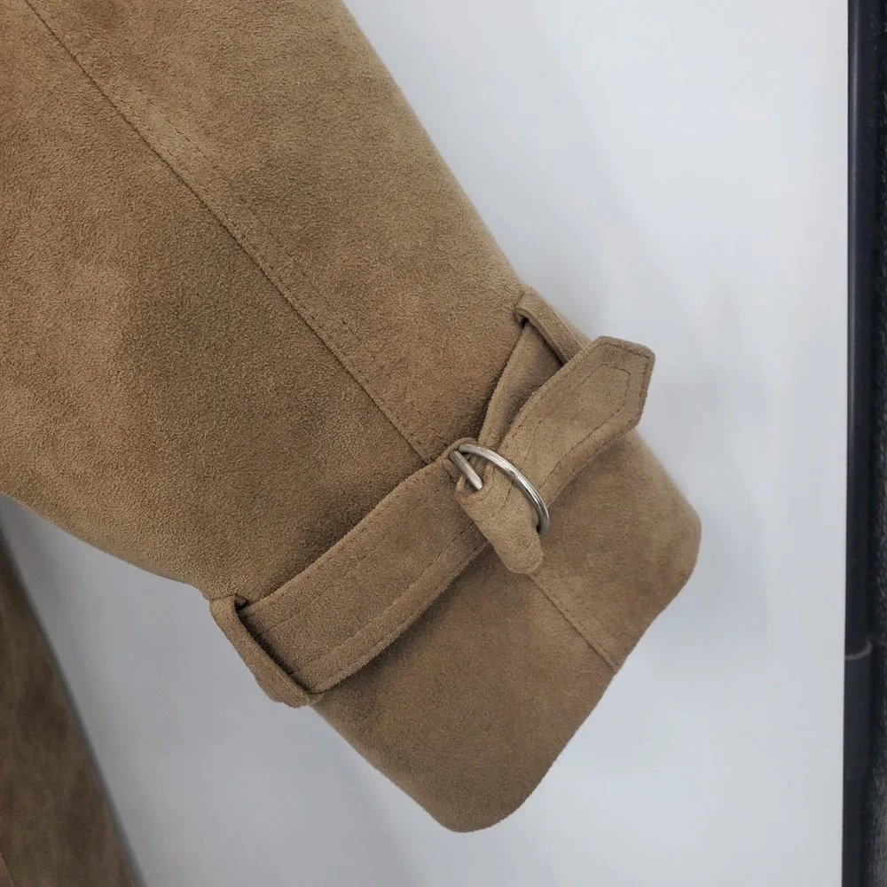Vintage Neiman Marcus Alcantara Faux Suede Trench Coat Double Breast Tan Duster